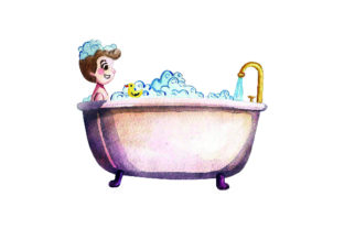 Child Taking Bath with Yellow Duck: Watercolor Crafts for Bathroom