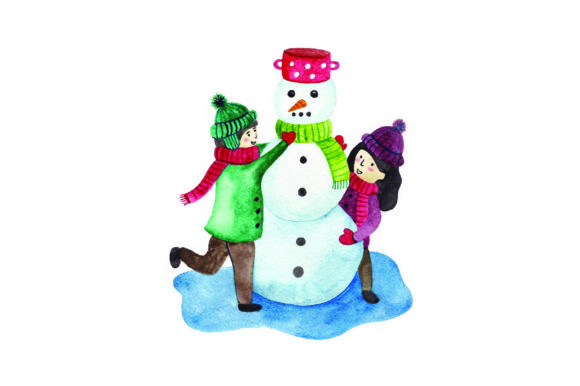 Kids Building Snowman Watercolor for Winter Crafts