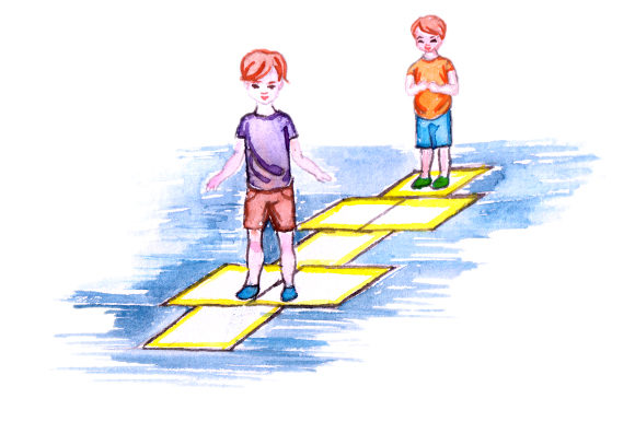 Kids Playing Hopskotch in Watercolor Style