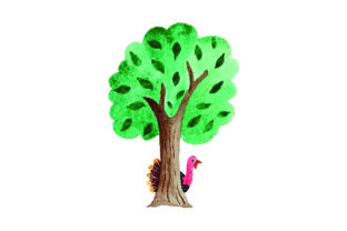 Turkey Hiding Behind Tree Watercolor for Thanksgiving Crafts