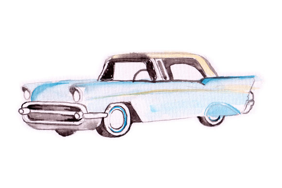 Watercolor Blue Vintage Car for Crafts & Garage Decor