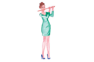 Woman Playing Flute in Watercolor for Music Crafts