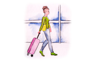 Woman with Suitcase at Airport in Watercolor: Travel Crafts Asset